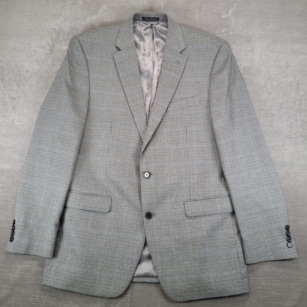 Lauren Ralph Lauren Mens 42L Blazer Jacket Grey Houndstooth Blue Overcheck 42L